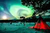 Norrsken över snöfält med en röd upplyst tältkåta och träd i siluett.