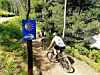Två cyklister färdas på en smal grusväg i ett grönt skogsområde med en blå vägskylt.