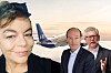Camilla Jonsson, Anko van der Werff och Börje Ekholm framför ett SAS-flygplan i bakgrunden, med en solnedgångstonad himmel.