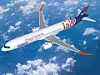 Et passagerfly med Air France og AirAsia-branding flyver over skyer set fra oven.