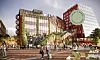 Arkitektillustration av ett modernt stadskvarter med höga byggnader, träd, människor och uteserveringar.