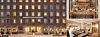 Bildkollage med en upplyst hotellfasad samt bilder av restaurang och hotellrum.