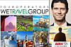 Kollage med texten We Travel Group, resebilder, ett porträtt och logotypen Aller Leisure.